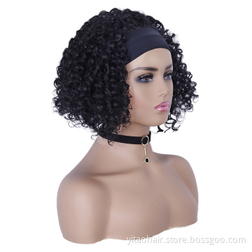 Wholesale price High quality  Natural black color Short Curly synthetic headband Bob wigs for black women